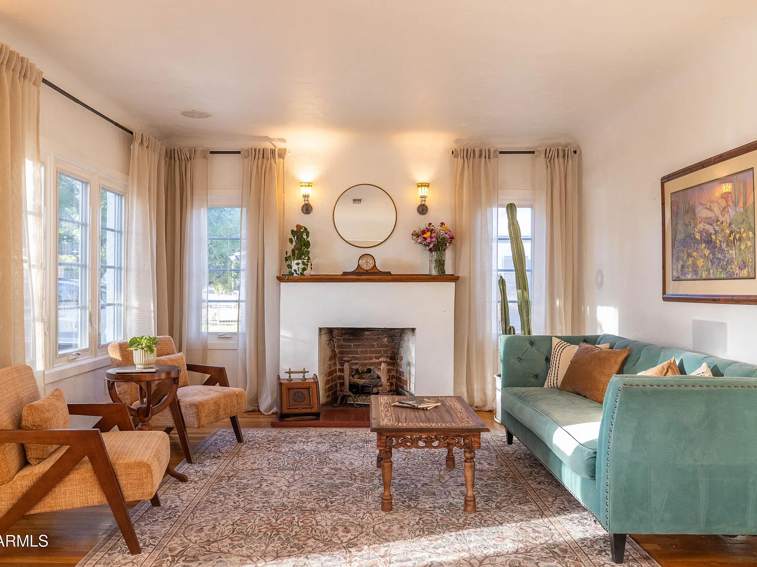 The living room fireplace