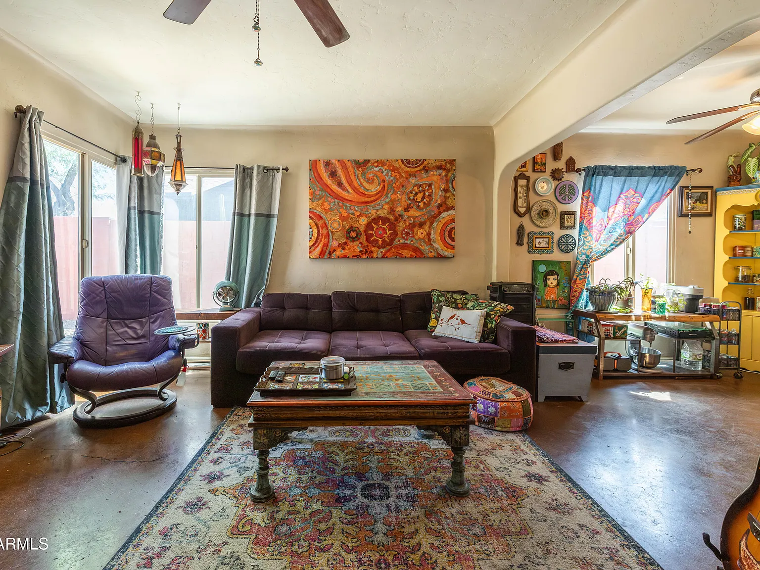 The living room with exposed beams